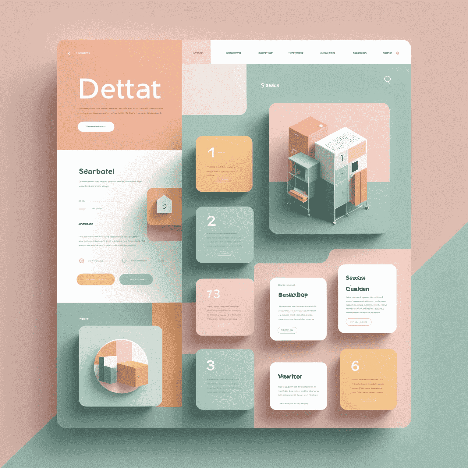 Ein modernes, minimalistisches Webdesign-Konzept mit pastellfarbenen geometrischen Formen und einer benutzerfreundlichen Oberfläche, die die Ästhetik von Spinde widerspiegelt